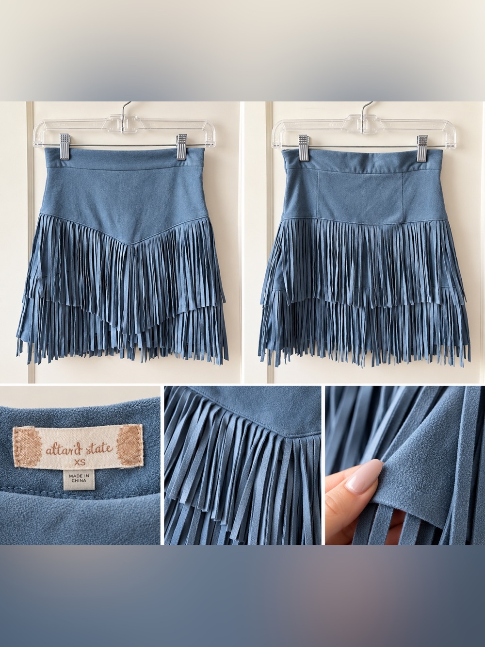 Altar’d State Blue Faux Suede Fringe Mini Skirt XS Western Boho